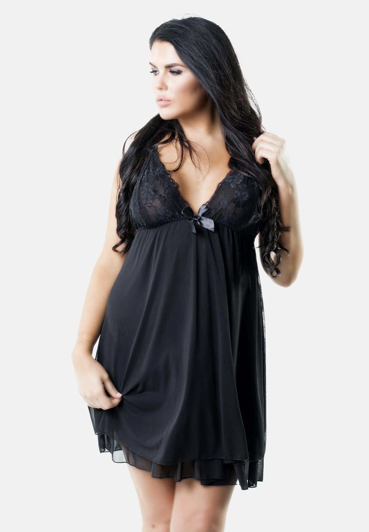 Amor Μαυρο Babydoll με Διπλο Τουλι & Δαντελα & Ασορτι Στρινγκ
